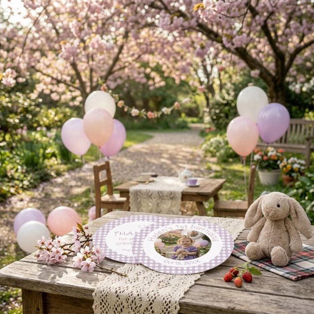 Gingham Lavendel 1-års Födelsedagsfoto Tack Kort (Skapare uppladdad)