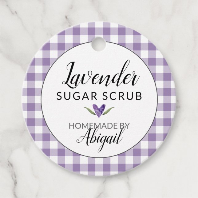 Gingham Lavender Sugar SCrub (med ingredienser) Gåvor Etiketter (Framsida)