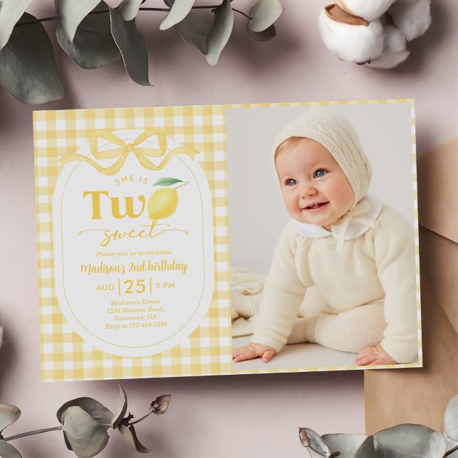 Gingham Lemon Theld 2:a födelsedagsfoto Inbjudningar (Skapare uppladdad)