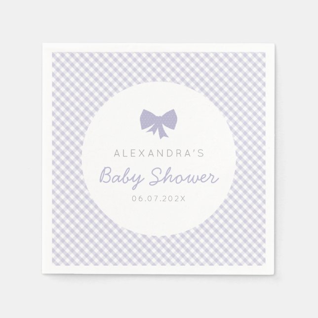 Gingham lila bow babydusch pappersservett (Framsidan)