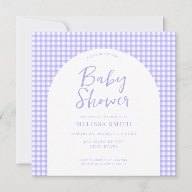 Gingham Lila Checkated Play Baby Shower Inbjudningar (Framsida)