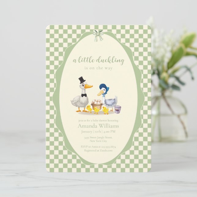Gingham Little Anklingefamilj Ank Bebisdopp Inbjudningar (Stående Fram)