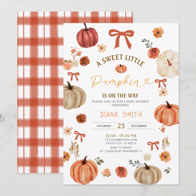 Gingham Little Pumpkin Rustic Baby Shower Inbjudan (Fram/baksida)