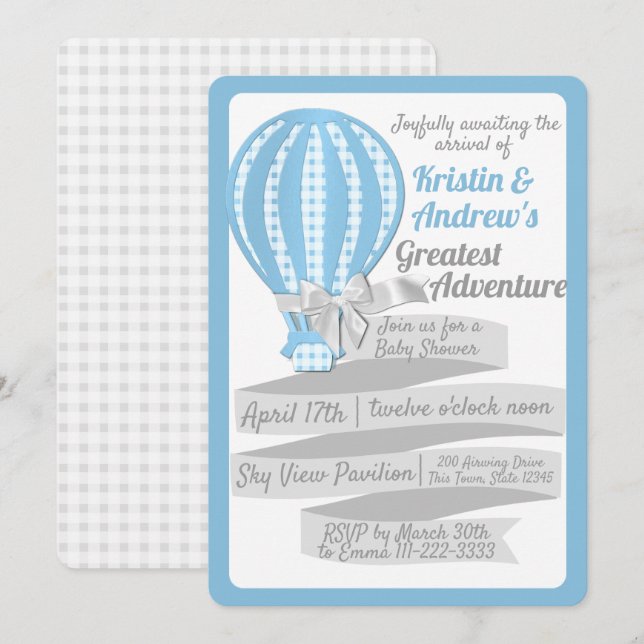 Gingham Luftballong Blue Baby Shower Inbjudningar (Fram/baksida)