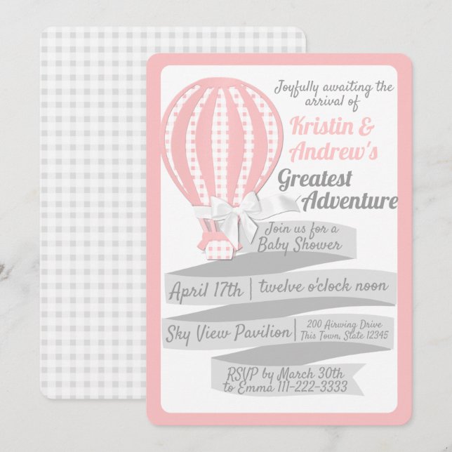 Gingham Luftballong Rosa Baby Shower Inbjudningar (Fram/baksida)