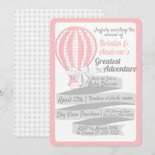 Gingham Luftballong Rosa Baby Shower Inbjudningar
