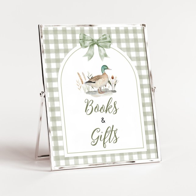 Gingham Mallard Anka Baby Böcker och Gåvor Skylt (Sage Green Gingham Mallard Duck Hunting Country Baby Shower Sign )