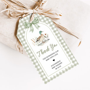 Gingham Mallard Anka Baby Shower Favor Taggar Presentetikett