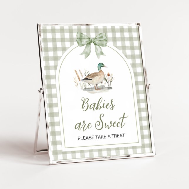 Gingham Mallard Anka Baby Spädbarn är Sweet Sign Poster (Sage Green Gingham Mallard Duck Hunting Country Baby Shower Sign)