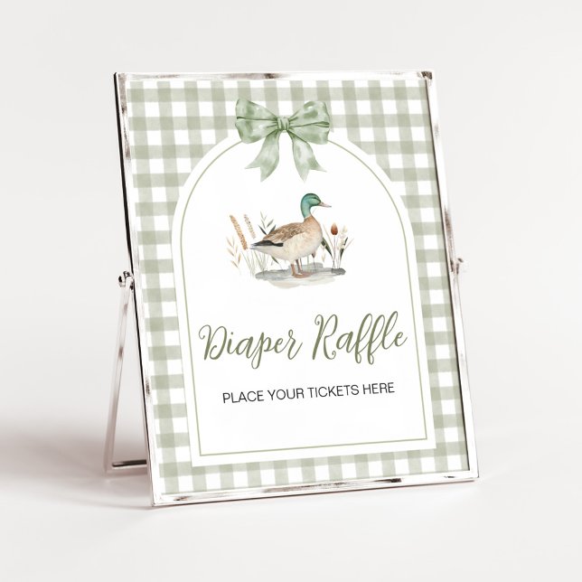 Gingham Mallard Anka BabyShower Diaper Raffle Sign Poster (Sage Green Gingham Mallard Duck Hunting Country Baby Shower Sign)