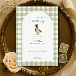 Gingham Mallard Anka Bow Sage Grön Bebis Shower Inbjudningar