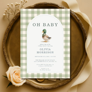 Gingham Mallard Anka Sagegrön Bebis Shower Inbjudningar