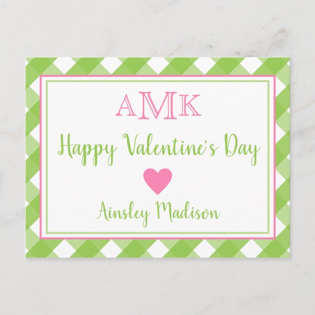 Gingham Monogram Personlig Valentines kort (Framsida)