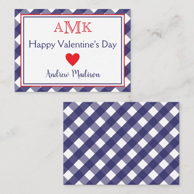 Gingham Monogram Valentines klassrumskort Anteckningskort (Fram/baksida)