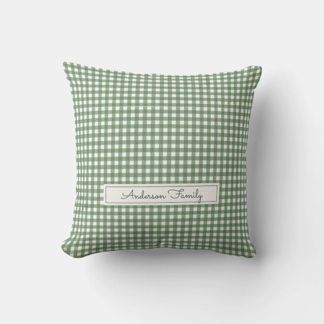 Gingham-mönster i grönt med familjenamn kudde (Framsida)