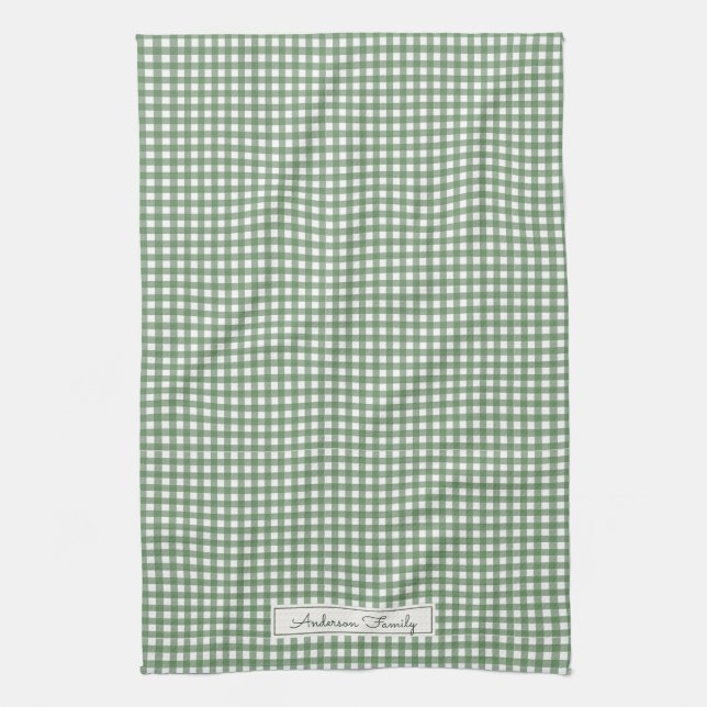 Gingham-mönster i grönt med namn kökshandduk (Vertikal)