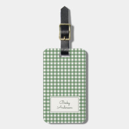 Gingham-mönster i grönt med namn och kontaktuppgif bagagebricka