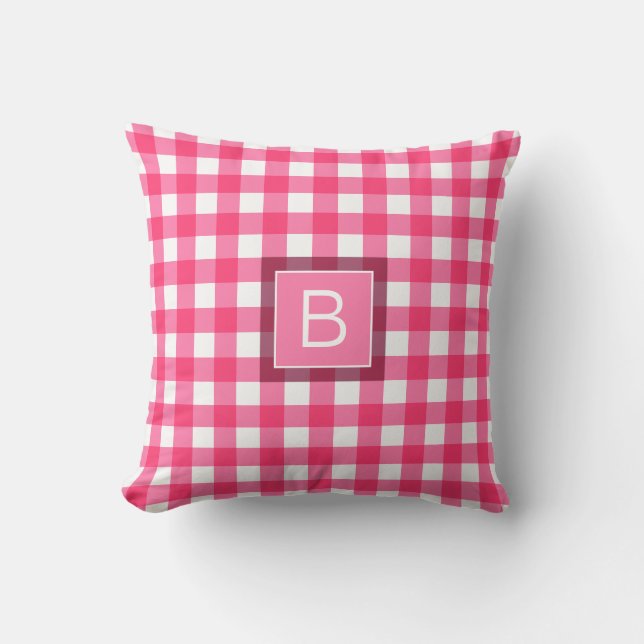 Gingham Mönster Rosa White Monogram Personlig Kudde (Framsida)