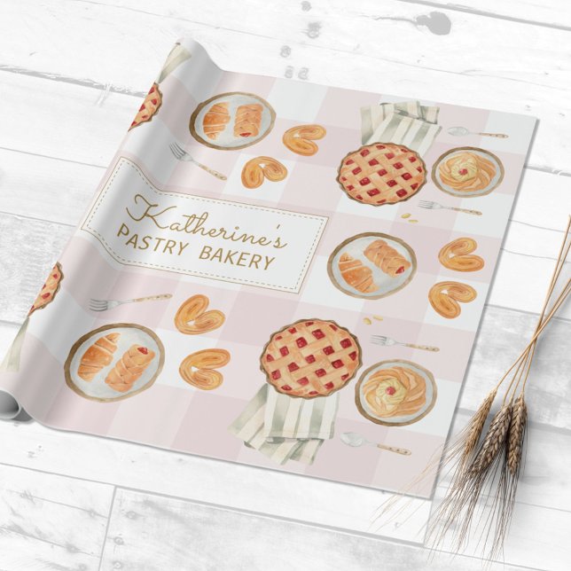 Gingham Mönster Vattenfärg Bakverk Bakning Bageri Presentpapper (Close up)