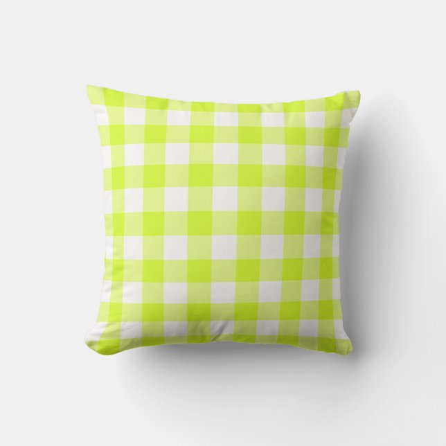 Gingham mönster vit och kalkgrön dekorativ kudde (Framsida)