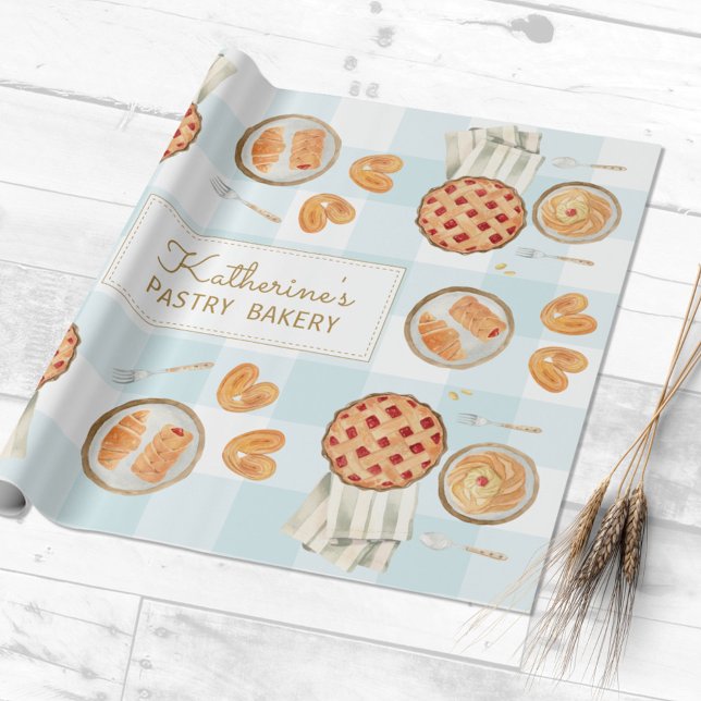 Gingham Mönster Watercolor Pastries Baking Bakery Presentpapper (Close up)