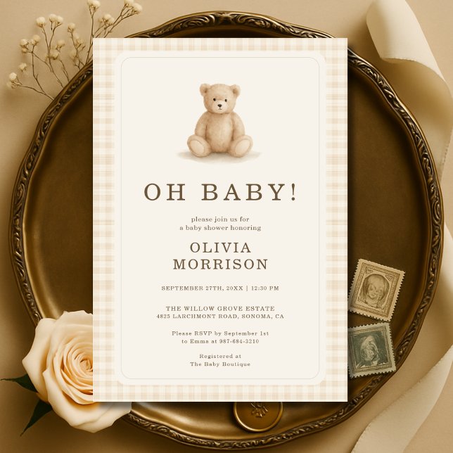 Gingham Nalle Oh Baby Babyfirande Inbjudningar (Skapare uppladdad)