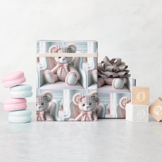 Gingham Nalle På en ordförande Presentpapper (Baby Shower)