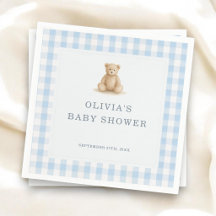 Gingham Nallebjörn Blå Pojke Baby Shower Fest