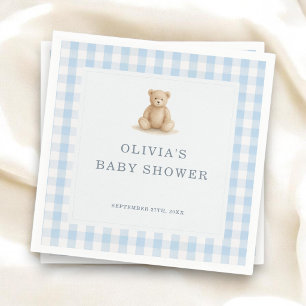 Gingham Nallebjörn Blå Pojke Baby Shower Fest Pappersservett