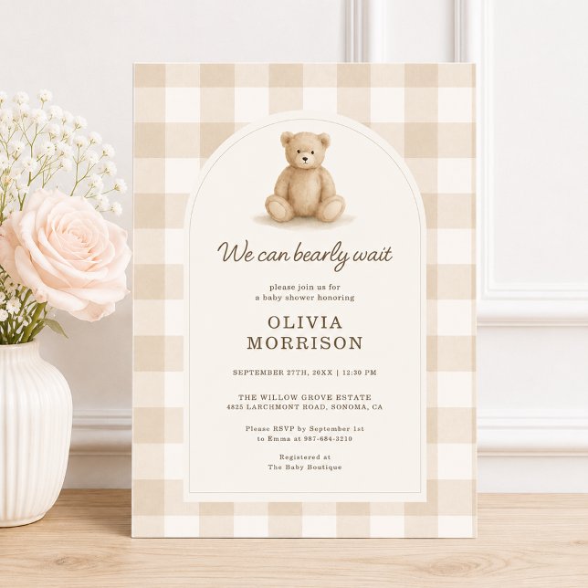 Gingham Nästan här Könsneutrala Babyshower Inbjudningar (Skapare uppladdad)