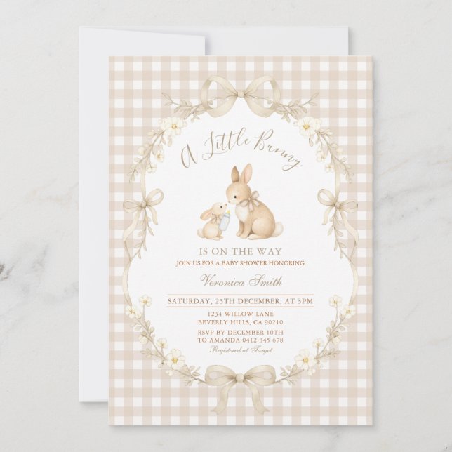 Gingham Neutral Bunny Baby Shower Invitation Inbjudningar (Framsida)