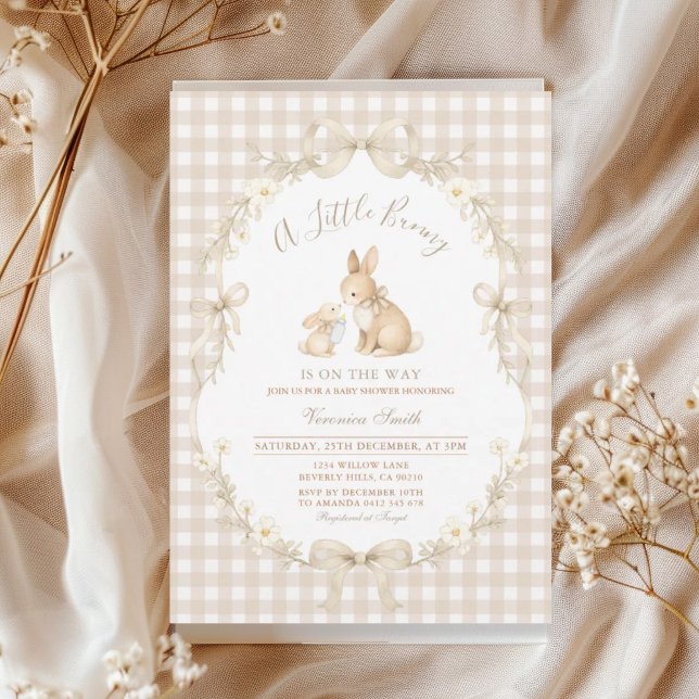 Gingham Neutral Bunny Baby Shower Invitation Inbjudningar (Skapare uppladdad)