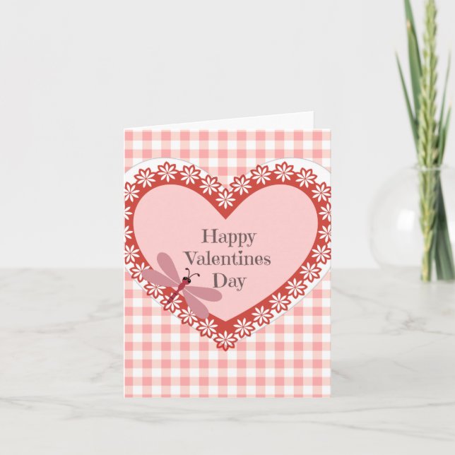 Gingham och Dragonfly Valentines day Card Helgkort (Framsida)