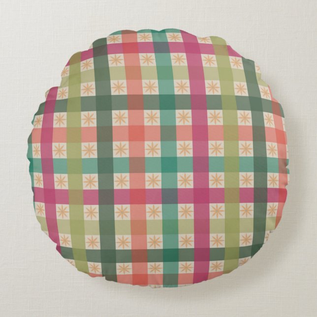 Gingham och geometriskt blommönster runt kuddfall  rund kudde (Framsidan)