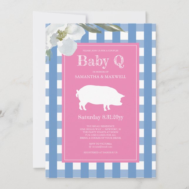 Gingham och Gris Baby Q Baby Shower Inbjudningar (Framsida)