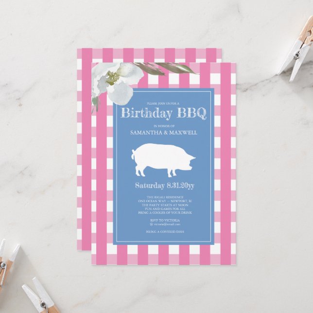 Gingham och Gris Rosa Birthday Inbjudningar (Fram/Back In Situ)