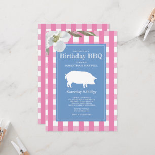 Gingham och Gris Rosa Birthday Inbjudningar