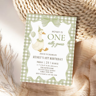 Gingham One Silly Goose 1st Birthday Invitation Inbjudningar