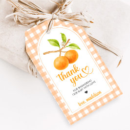 Gingham Orange Baby Shower Fördelningsmärken Presentetikett