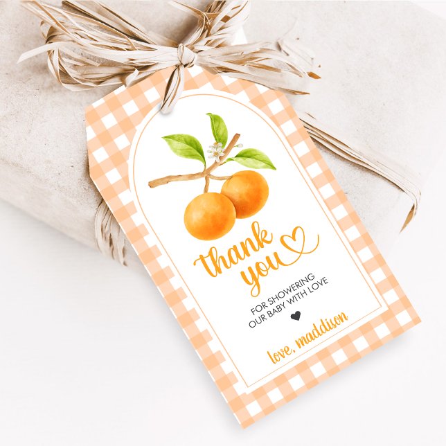 Gingham Orange Baby Shower Fördelningsmärken Presentetikett (Little Cutie Orange Baby Shower Favor Tags)