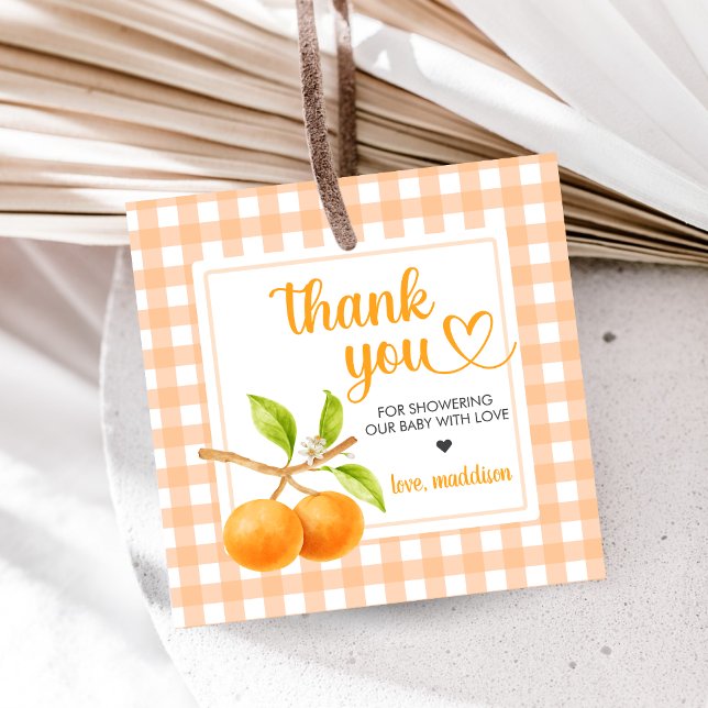 Gingham Orange Baby Shower Gåvor Etiketter (Little Cutie Orange Baby Shower Favor Tags)