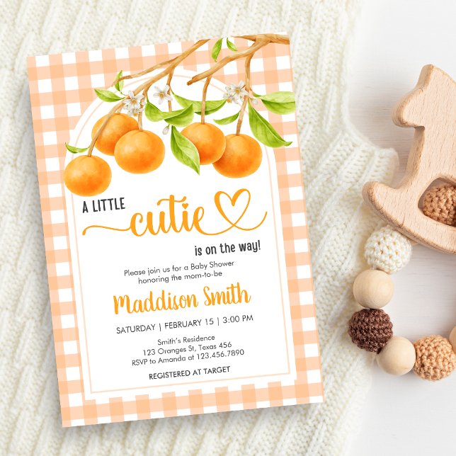 Gingham Orange Baby Shower Inbjudningar (Little Cutie Orange Baby Shower Invitation)