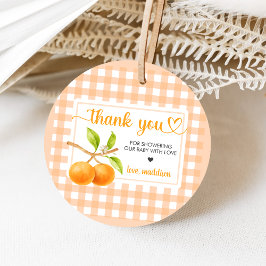 Gingham Orange Bebis Shower Gåvor Etiketter