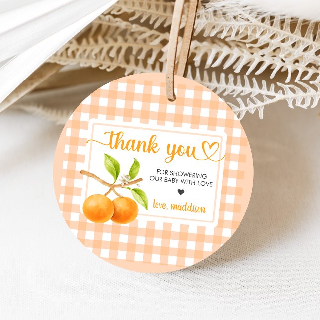 Gingham Orange Bebis Shower Gåvor Etiketter (Little Cutie Orange Baby Shower Favor Tags)