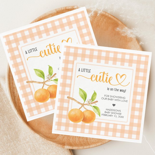 Gingham Orange Bebis Shower Pappersservett (Little Cutie Orange Baby Shower Napkin)