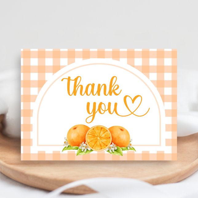 Gingham Orange Bebis Shower Tack Kort (Little Cutie Orange Baby Shower Thank you Card
)