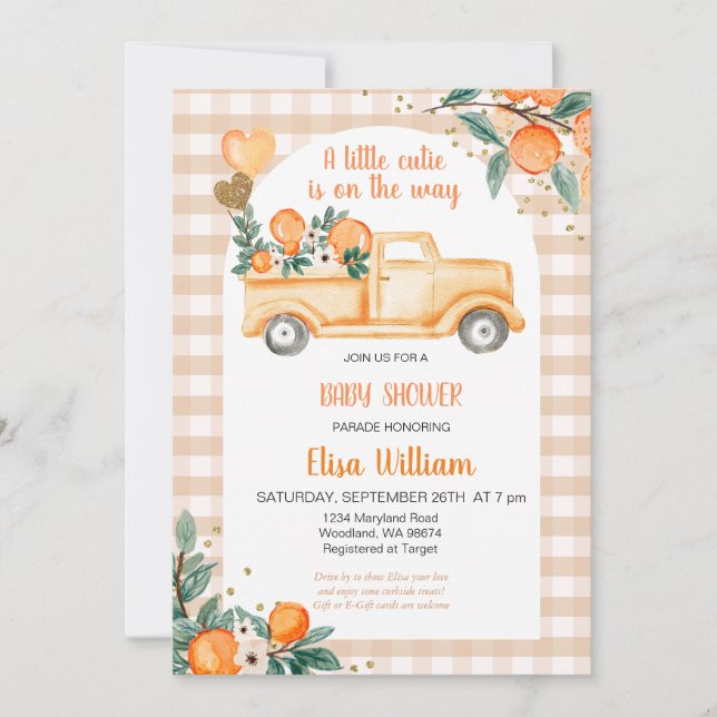 Gingham Orange Citrus Little Cutie Baby Shower Inbjudningar (Framsida)