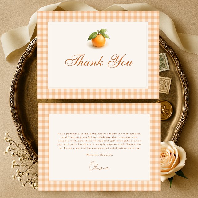 Gingham Orange Little Cutie Barnrumsfirande Tack Kort (Skapare uppladdad)