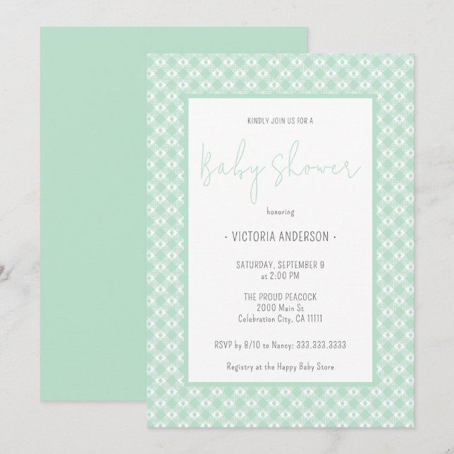 Gingham Pastel Mint Gender Neutral Baby Shower Inbjudningar (Fram/baksida)