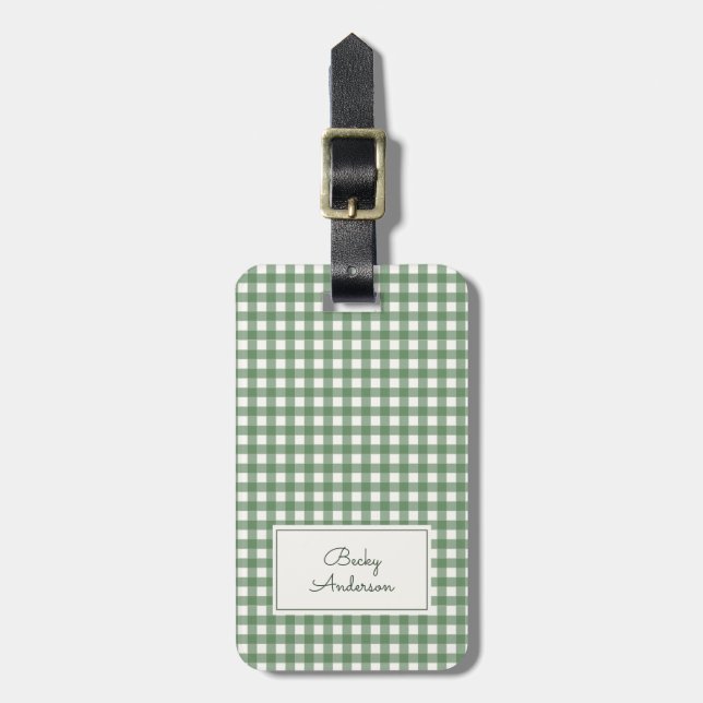 Gingham Pattern in Green with Name and Contact Bagagebricka (Vertikal Framsida)